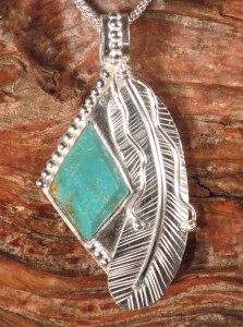 Kingman Turquoise Diamond-shape in Sterling Silver with hand-made Sterling Silver Feather